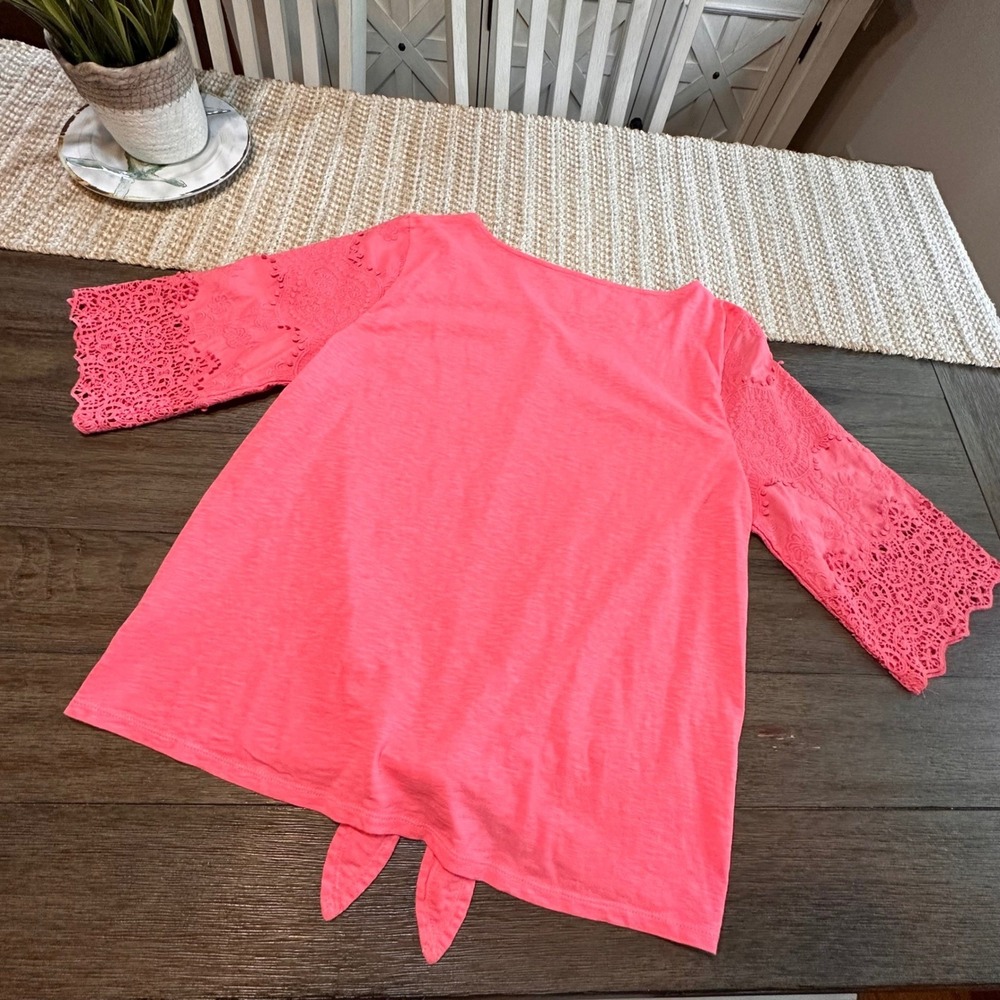 Talbots XL Coral Pink Tie Front Top Crochet‎ Lace Bell 3/4 Sleeve Blouse